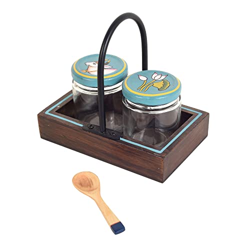 Image of AAKRITI ART CREATIONS Pichhwai Art Mukhwas Serving Jars and Tray | Handcrafted Pichhwai Art Storage Jars | Kitchen Decoration Items Stylish Tray & Jars | Kitchen Containers