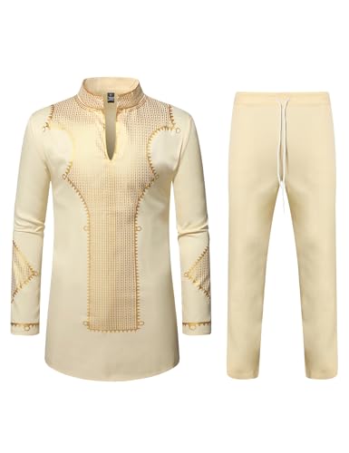 ZEROYAA Men's Africa Suit Long Sleeve Bronzing Print Shirt and Pants Outfit Traditional 2 Piece Set