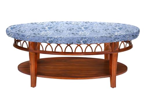 Image of The Furnishing Tree Elastic Cotton Oval Center Table Cover 14x24 in Inches Floral White Rose on Blue Base