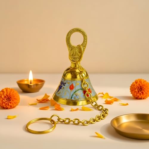 Image of DSH Pure Brass Hanging Bell with Chain for Temple Mandir Door Home Decorative Ringing Bell (Sky, 1)
