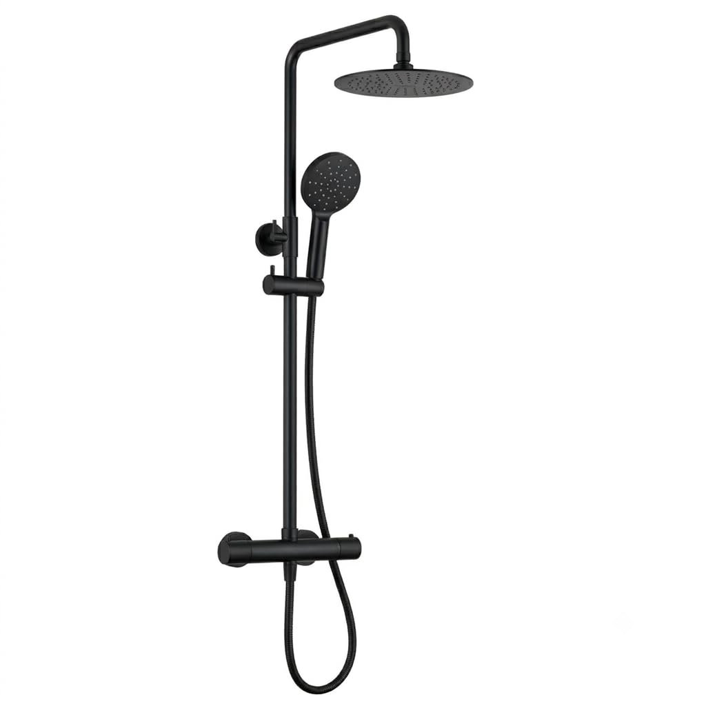 Arko Bathroom Black Thermostatic Shower Mixer Set, Round Rainfall Shower Head With Adjustable Riser Rail, Mixer Shower Bar For Bathrooms, Brass Constructed (Black)
