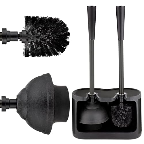 Image of UMIEN Toilet Brush and Plunger Set 18-in - Updated 2025 No-Rust - Stainless Steel Design - Long Handles - with Freestanding Canister (Matte Black)
