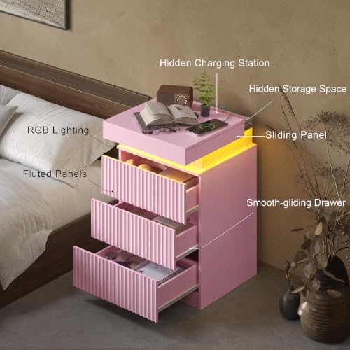 Image of Nightstand Bedside Table with Charging Station & LED Lights, Pink | RGB Lights, Hidden Sliding Top, 2 AC Outlets & 2 USB Ports, 3-Drawer Storage, Modern Fluted End Table for Bedroom