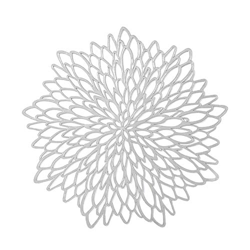 Juego de 2 manteles individuales redondos con diseño geométrico de flores, de PVC, antideslizantes, lavables y resistentes al calor, para decoración de mesa, color plateado