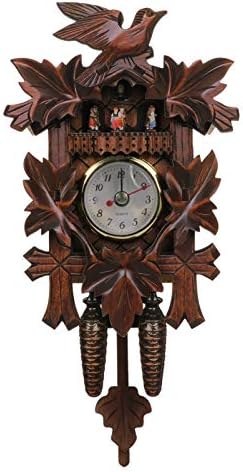 Veemoon Vintage Clock Cuckoo Wall Clock Swing Coo Coo Vintage Clock, Wooden Hanging Clock with Flying Bird& Maple Leaves for Home Office Wall Decoration/Without Battery Kuku Clock Retro Wood Clock