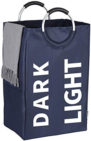 Double Laundry Hamper with Comfortable Handle, Waterproof Oxford Cloth Laundry Basket,Self-Standing Clothes Hamper,Folding Storage Organizers for Dorm Room (Dark Blue)