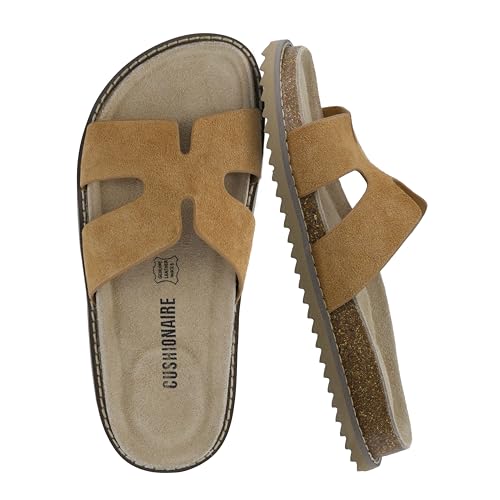 CUSHIONAIRE Wisdom Womens Sandals Cutout Strap Genuine Leather Slides – Slip On Cork Footbed Sandals for Women 2025, CHESTNUT 8W