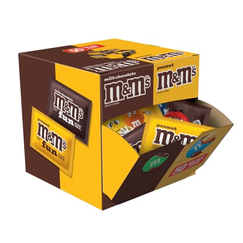 M&M'S Milk Chocolate & M&M'S Peanut Fun Size Candy Individually Wrapped Milk Chocolate Variety Pack Pantry Cube Easy Open and Close Dispenser for Convenient Snacking, 50 Ct Bulk Box