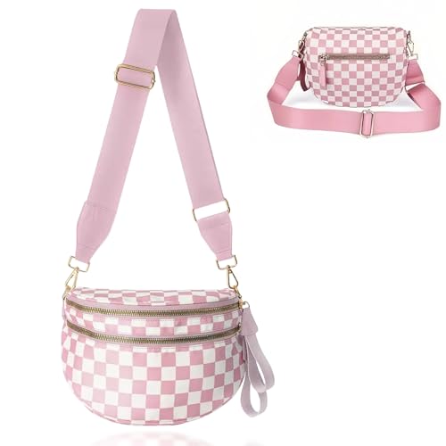 Image of Checkered Crossbody Bum Bags for Women, Nylon Sling Bags with Shoulder Strap, Large Capacity Checkered Purse Bag
