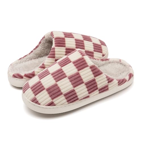 Guyarns Fuzzy Memory Foam Checkered Slippers - Slip On Anti-Skid Sole Bedroom House Indoor Outdoor (Pink, 5.5/6.5 UK)
