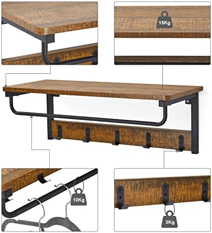 Meerveil Coat Rack Wall-Mounted, Coat Hook with 5 Hooks and Shelf Hanging Rail Industrial for Hallway Bathroom Living Room, 67 x 28 x 24 cm, Rustic Brown and Black