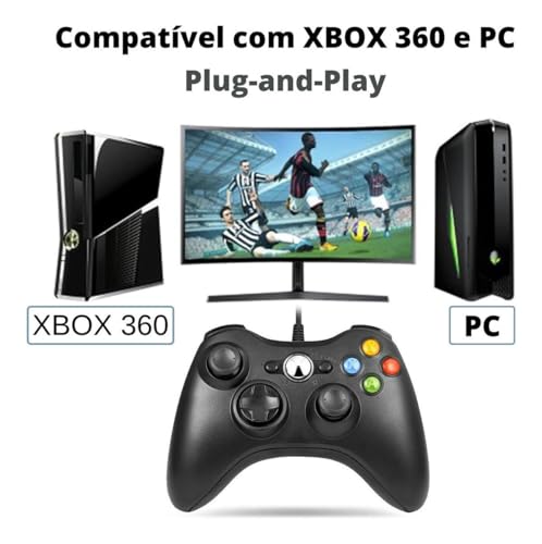 Controle Usb Video Game Compativel com Xbox 360, Slim, Notebook, Pc, Computador Windows 7,8,9,10,11,