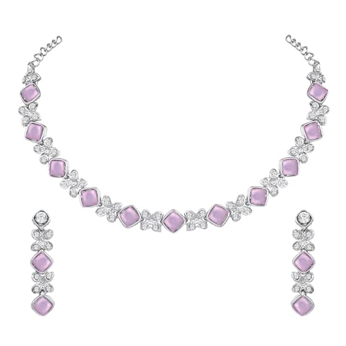 Atasi International Silver Plated Purple Crystals AD Diamond Style Delicate Necklace Jewellery Set for Women & GIrls (RPU1744)