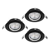 Les trois spots encastrables en acier noir sont orientables et grâce aux ampoules GU10 plates (EGLO 110351), ils peuvent être utilisés de manière flexible même avec une faible profondeur d'installation de 6,5 cm