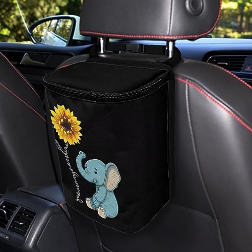 Image of DISNIMO Sunflower Car Trash Can Easy-to-Install Car Accessory Interior, Cartoon Elephant Leak-Proof Car Garbage Can Bin Organizer Storage Bag for The Back Seat of Any Cars, Sedans, SUVs & Trucks