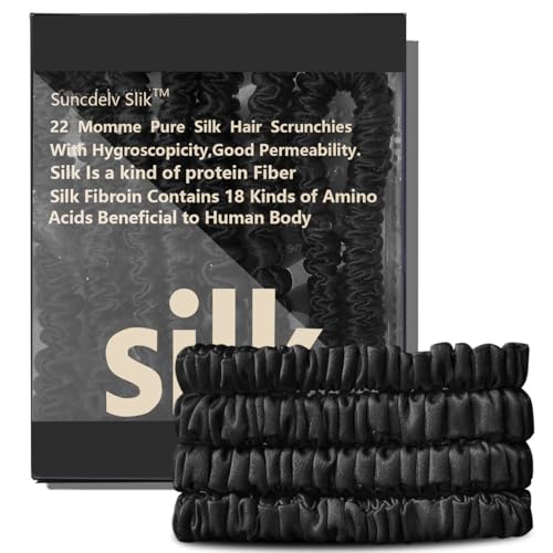 Suncdelv Silk,100% Silk Scrunchies for Hair,22 Momme Hair Ties for Anti-Crease & Breakage,Natural Women Hair Accessories，Fashion Hairbands 4PCS（Black）