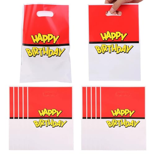 Kids Party Bags 30PCS Anime Theme Plastic Party Bags for Kids Birthday Red & White Contrast Happy Birthday Party Bag 6.7×9.8 Inch