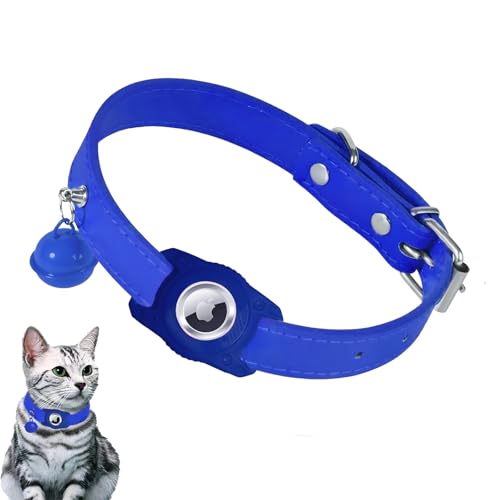 Lyneun Airtag-Collar de Gato Personalizado, rastreador de Collar de Gato Ajustable,Collar de Gato Desmontable con Campana,Collar de Seguridad Impermeable para Gatos Compatible con Apple Airtag (Azul)