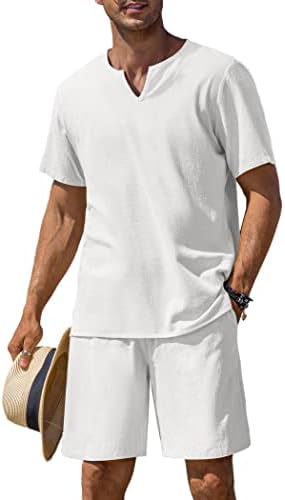 COOFANDY Men's 2 Pieces Cotton Linen Set Short Sleeve Henley Shirts Casual Beach Shorts Summer Yoga Outfits