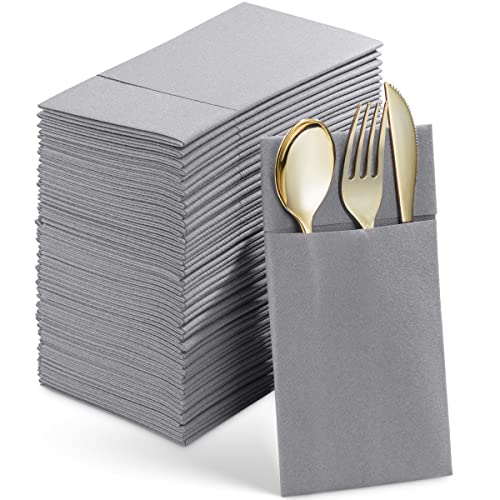 Disposable Linen-Feel Dinner Napkins With Built-In Flatware Pocket, 50-Pack Gray Prefolded Cloth Like Paper Napkins For Wedding, Dinner Or Party #TOP7