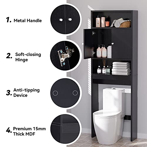 Hcman Over The Toilet Storage Cabinet - 77" H Over Toilet Bathroom Cabinet Organizer With Open Shelves And Double Doors, Black #TOP4