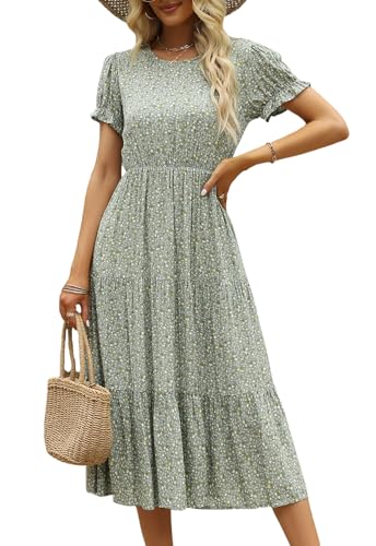 Image of NAVINS Womens Floral Print Modest Wedding Guest Midi Dress with Pockets | Puff sleeve tiered boho dress for summer, church, and vacations. Elastic waist, Below knee, hand or machine wash.