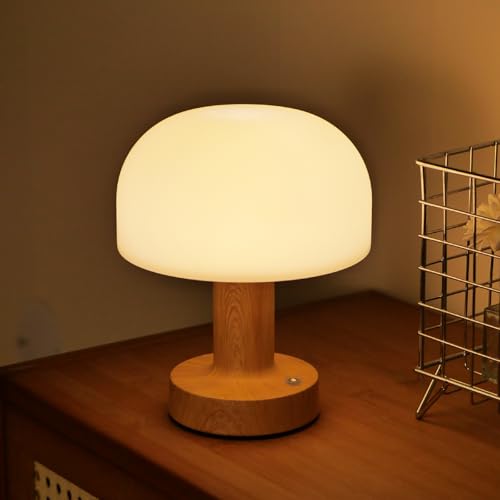 aFallz Mushroom Table Lamp, Rechargeable LED Night Light with 3 Color Touch Stepless Dimming, Battery Operated Ambient Lighting Bedside Lamp for Bathroom, Bedroom, Kidsroom, Outdoor, Restaurant