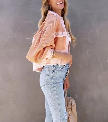 Womens Cropped Waffle Knit Shirt Jacket Long Sleeve Button Down Boyfriend Shacket Jacket Tops4