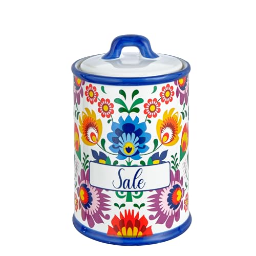 Baroni Home Barattolo Sale Decorato in Ceramica con Coperchio Ermetico, Accessorio da Cucina Colorato Resistente, Linea Flora, 11x11x17 cm