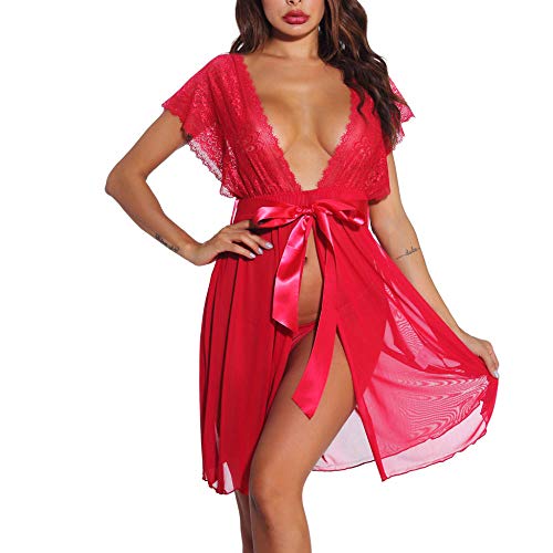 Nuisette à bretelles fourche ouverture et nœud papillon rouge M