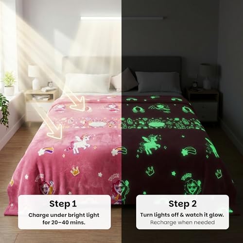 Image of Famyo Glow in The Dark Blanket & Fitted Bedsheet Combo for Kids | 0-15 Years, 200x152 cm Queen Size, Soft Flannel Fleece Throw, Soft 300 TC Cotton Bedsheets, Cozy & Warm All-Season Radium