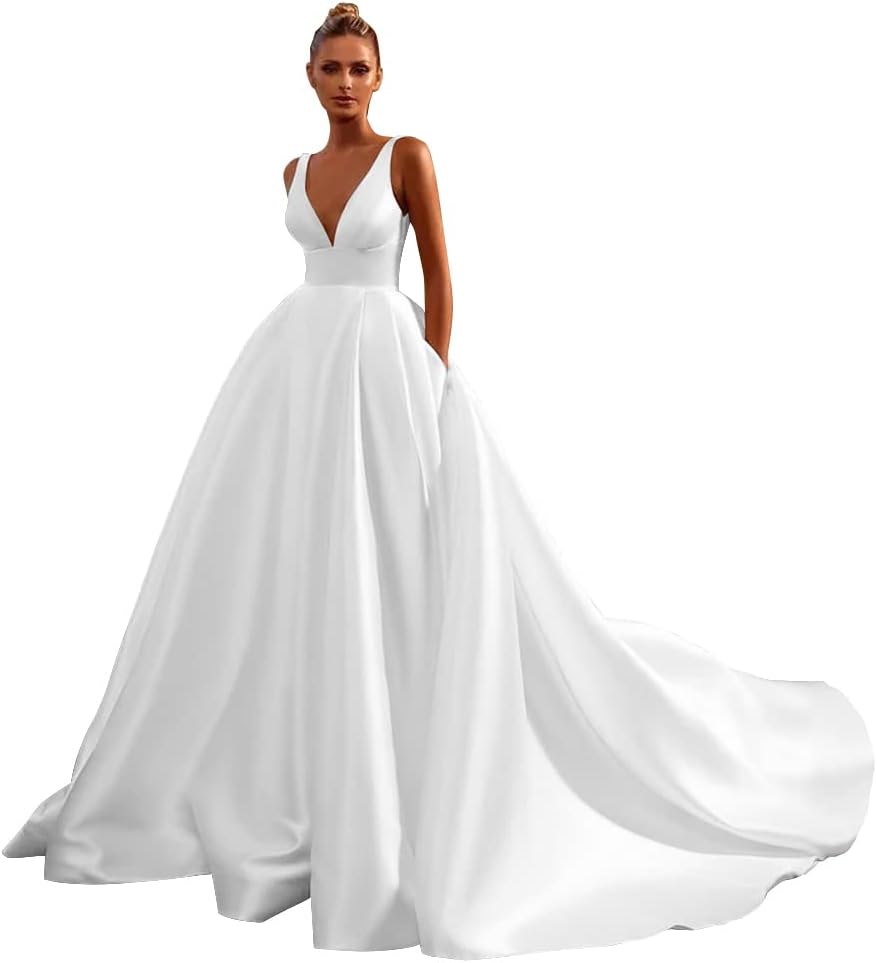 V Neck Wedding Dresses for Bride Long Sleeves Bridesmaid Dress for Women Lace Applique Long Tulle