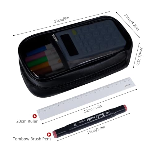 Image of Fmeida Clear Pencil Case - Upgraded 4 Compartment Pencil Pouch, Waterproof Adult Pencil Bag Aesthetic Marker Pouch Stationary Bag Office Organizer for Office Business Travel - Black PU&PVC