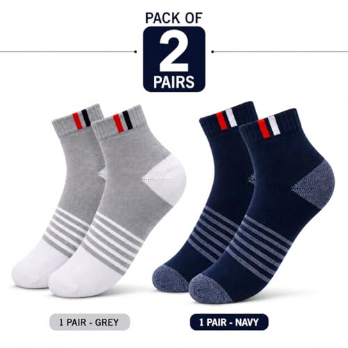 Image of Men's Ankle Length Socks Pack of 2 Pairs | Cotton Rich Sports & Casual Socks | Breathable, Sweat Absorbent, Stretchable Daily Wear Socks for Men (Free Size)