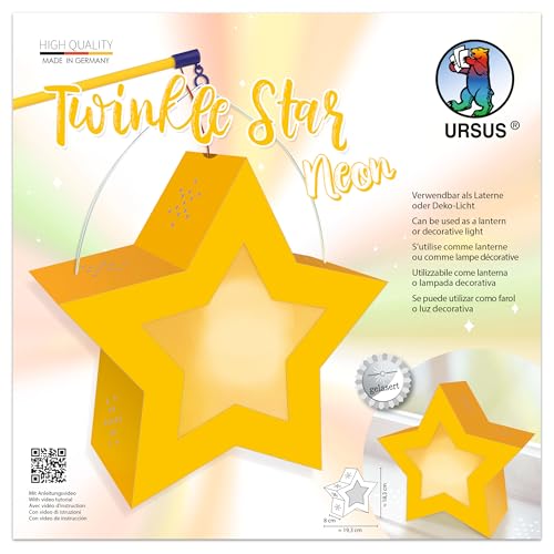 Ursus 1883 00 01 - Twinkle Star Neon Gelb, Laternen Bastelset, 19,3 x 18,3 x 8 cm, 250 g/m², zum Laterne basteln, DIY Bastelset für Lampionumzug & Deko