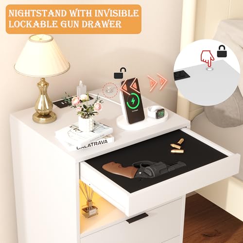 Image of Yusong Night Stand with Gun Drawer & Invisible Lock, Bedside Table, LED Nightstand with Charging Station, Modern Night Stand, Wood Sofa Couch End Side Table with 2 Pull-Out Shelf (White 002)