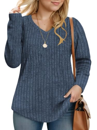 VOGRACE Womens Plus Size Tops 3X Casual Loose Fit Tunics Trendy V Neck T Shirts Oversized Pullover 2025 Navy Blue