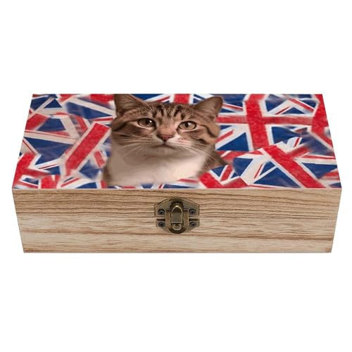 FekiLoot Banderines de madera con diseño de gato con bandera británica, caja del tesoro de memoria, pequeño cofre del tesoro de madera, baúl decorativo para recuerdos, para manualidades y