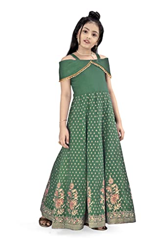 Image of Fashion Dream Girls Crepe Silk Maxi Length Cold Shoulder Dress|Maxi Dress|Long Dress|Girls Dress Maxi Dress(Green 11-12 Year)