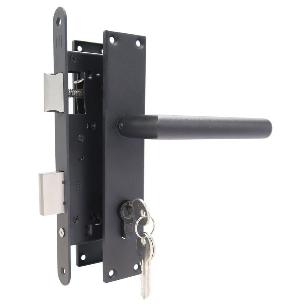 Einsteckschloss Gartentor Set Schwarz – Türschloss 72 mm Dornmaß 45 mm inkl Edelstahl Griffe Türschild Zylinder 35/35 mit 3 Schlüsseln