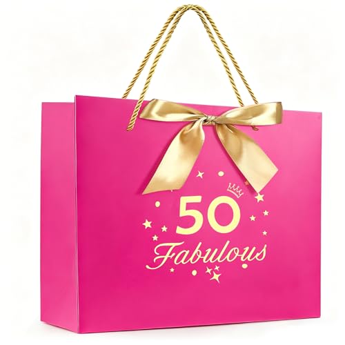 FUNCANDLE Rose Pink 13" Fabulous 50th Birthday Gift Bags with Greeting Handles and Ribbon Present Bags,Perfect for Girls Women 50th Year Old Birthday Party Wrapping Bag Celebrating Anniversaries
