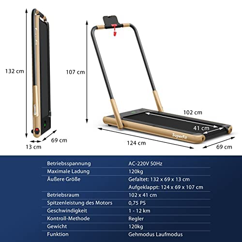 COSTWAY 2-in-1 loopband met app en afstandsbediening, bluetooth, 1-12 km/u, led-display, mobiele telefoonhouder, inklapbaar, tot 120 kg belastbaar (goud) - Afbeelding 3