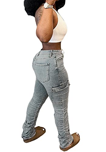 Tcremisa Women Stretchy Stacked Denim Pants Mid Waisted Ruched Straight Leg Trousers Pocketed Jeans Pants Blue