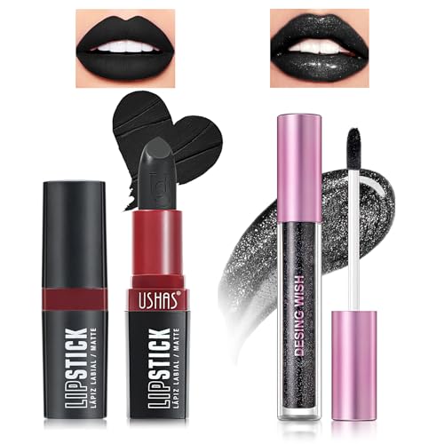 Desing Wish 2 Piezas Negro Pintalabios Purpurina Permanente Labiales Mate Larga Duracion Labial Lip Tint Gloss Stain Brillo Tinta Barra de Labios Tinte Labios Black Lipstick Set Kit Mujer Regalo