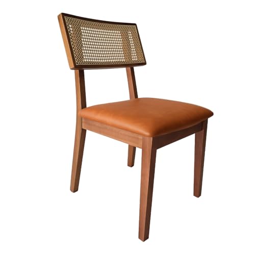 Cadeira de Jantar Estofada Linho Couro Marrom Madeira Maciça e Rattan no Encosto - Allego