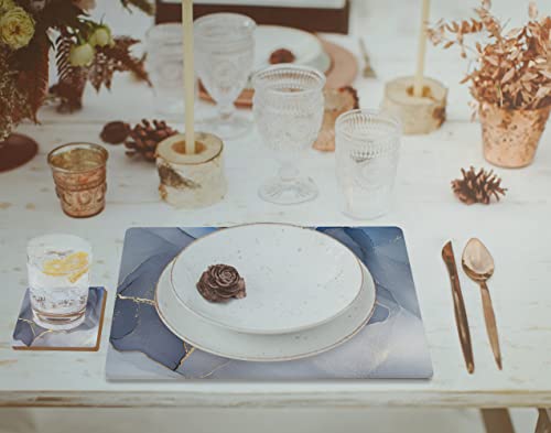 Moderry Set Of 4 Heat Resistant Cork Placemats For Dining Table With Free Set Of 4 Matching Drink Coasters Marble Design 16 X 12 Inches Cork Backed Hard Placemats (Blue & Gold) #TOP7