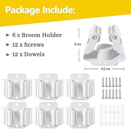 Verdenu 6 Pack Broom Holder Wall Mount, Mop and Broom Holder Wall Mount, Stainless Steel Command Broom Holder with Screws, Garden Tool Storage Organizer for Kitchen, Home, Bathroom, Garage, White by Verdenu - Image 3