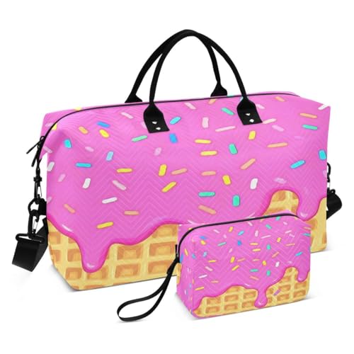 Funny Waffle Ice Cream Travel Duffle Bag Gym Bag Weekender Bags with Toiletry Bag Travel Trip Tote Bag