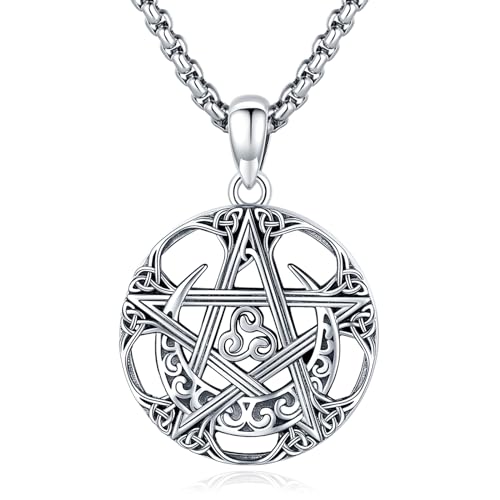 Eusense Collier Pentagramme Triple Pendentif Déesse de la Lune Collier Argent 925 Pendentif Hécate Chaîne Amulette Spirituelle Wiccan Pagan Sorcellerie Talisman Bijoux Cadeau pour Femmes Hommes