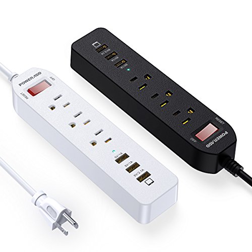 Poweradd 3-Outlet Power Strip 5ft Cord Charging Station with 3 Smart USB Ports - 2 Pack (Black+White)